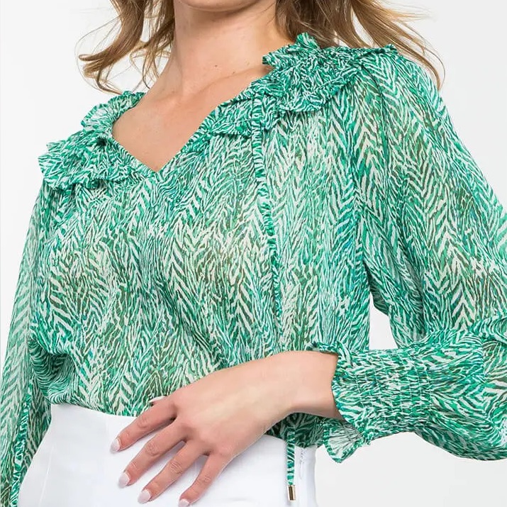 Thml Metallic Green Leaf Print Boho Blouse Smocked Ruffle Nwt Size Xs
